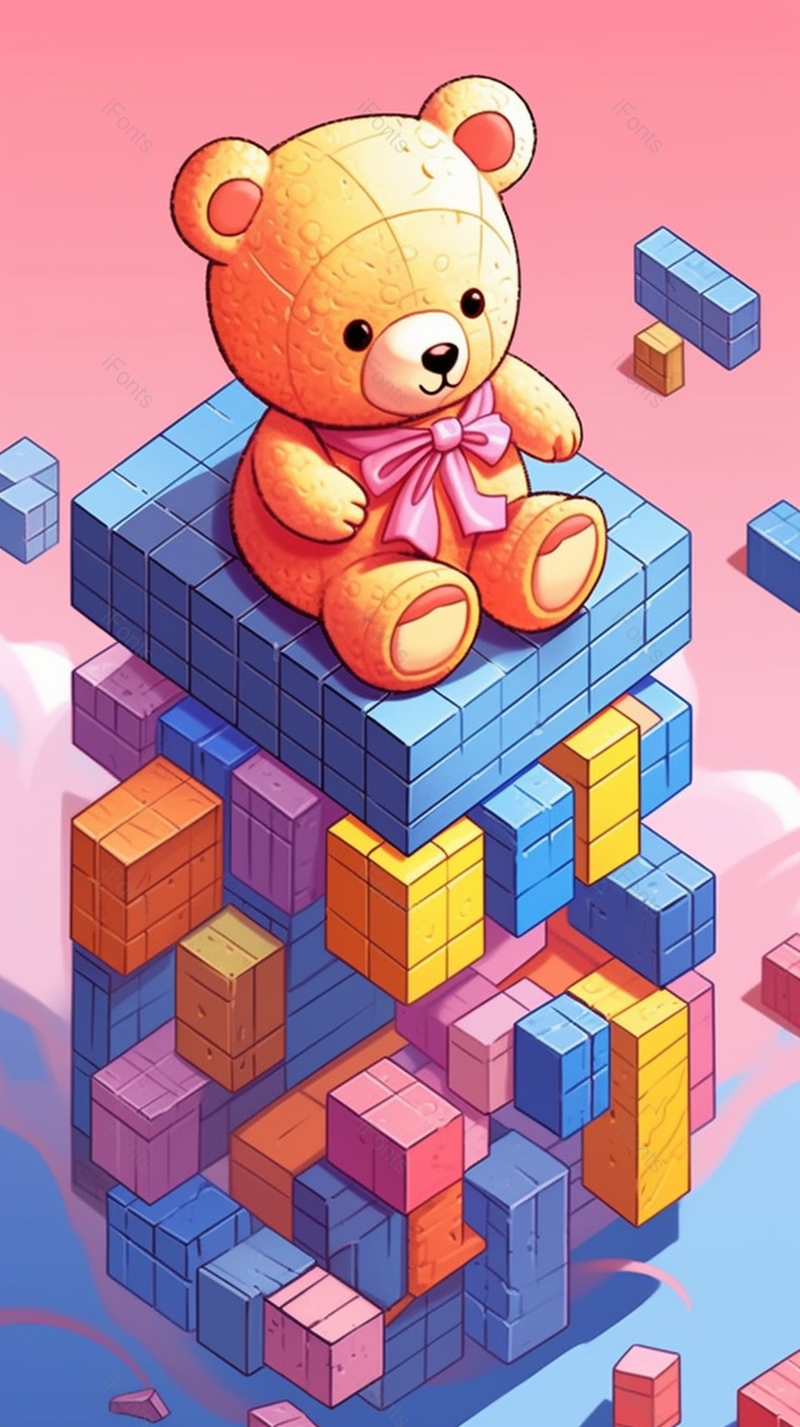 黄色玩具小熊坐在积木上六一儿童节背景粉色插画,插画/手绘图,插画/手绘图库,插画/手绘图下载,插画/手绘